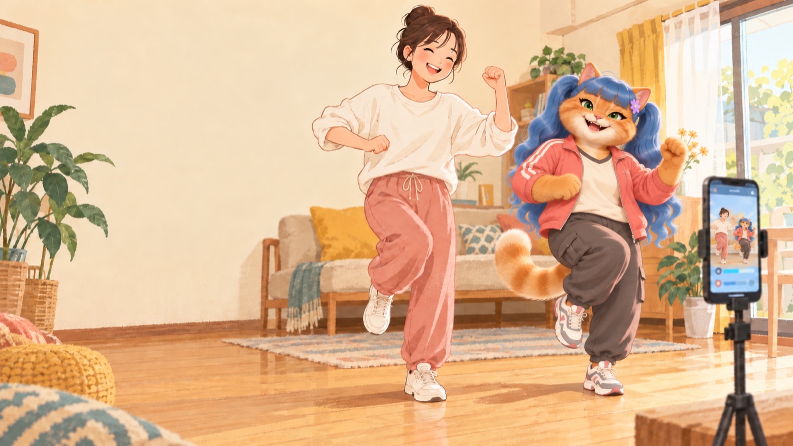 自宅でリリと一緒にダンスを練習する女性